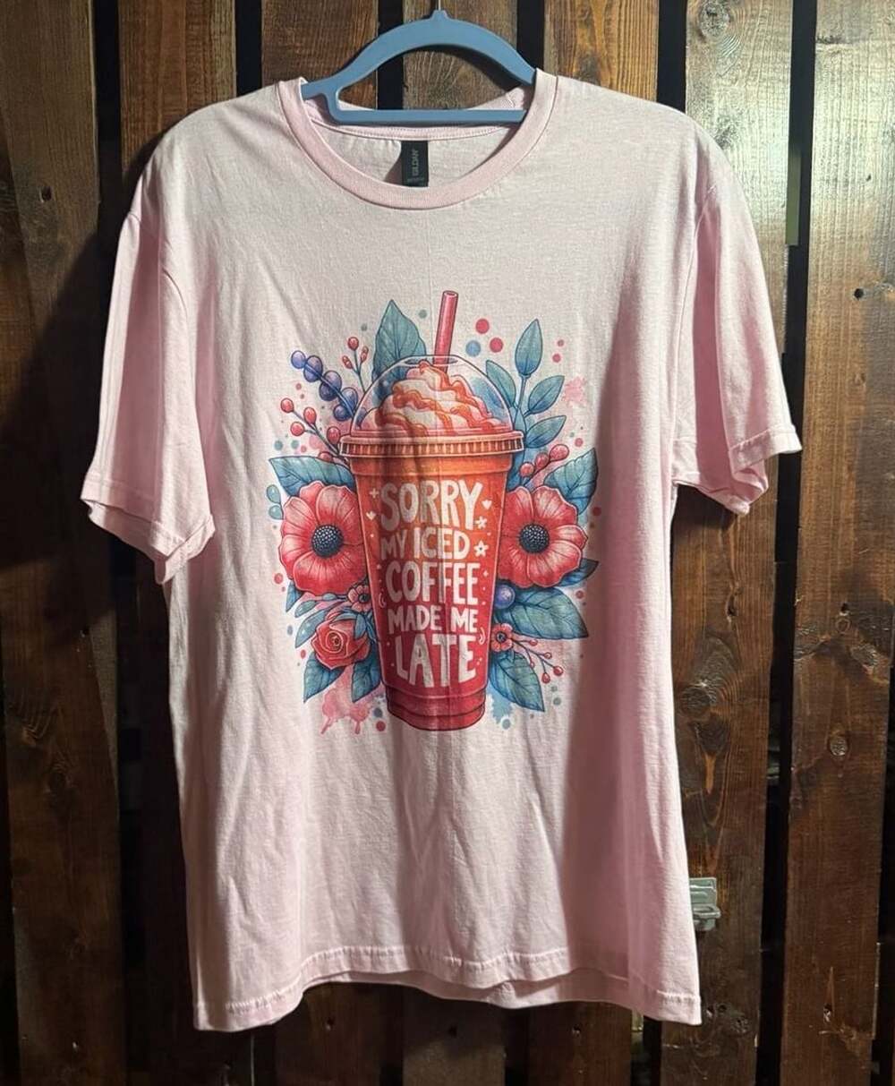 Gildan Sorry My Iced Coffee Made Me Late Size M Pink T-Shirt